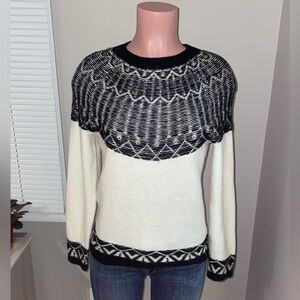 Talbots Womn Ivory Black Wool Blend Fuzzy Fair Isle Crewneck Pullover Sweater